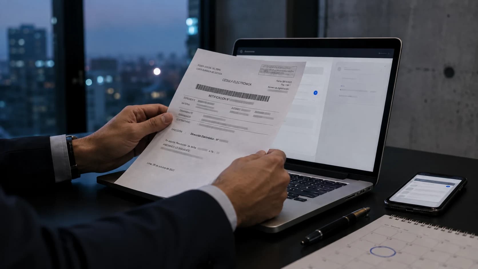 Abogado revisando una cédula de notificación judicial junto a su laptop