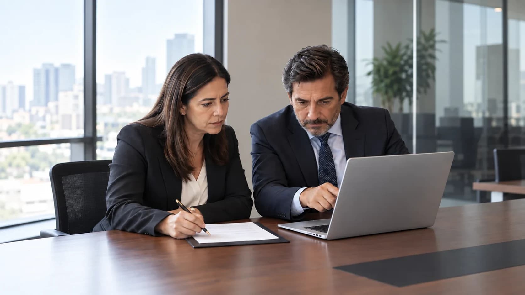 Profesionales evaluando un software jurídico y tomando notas en una reunión